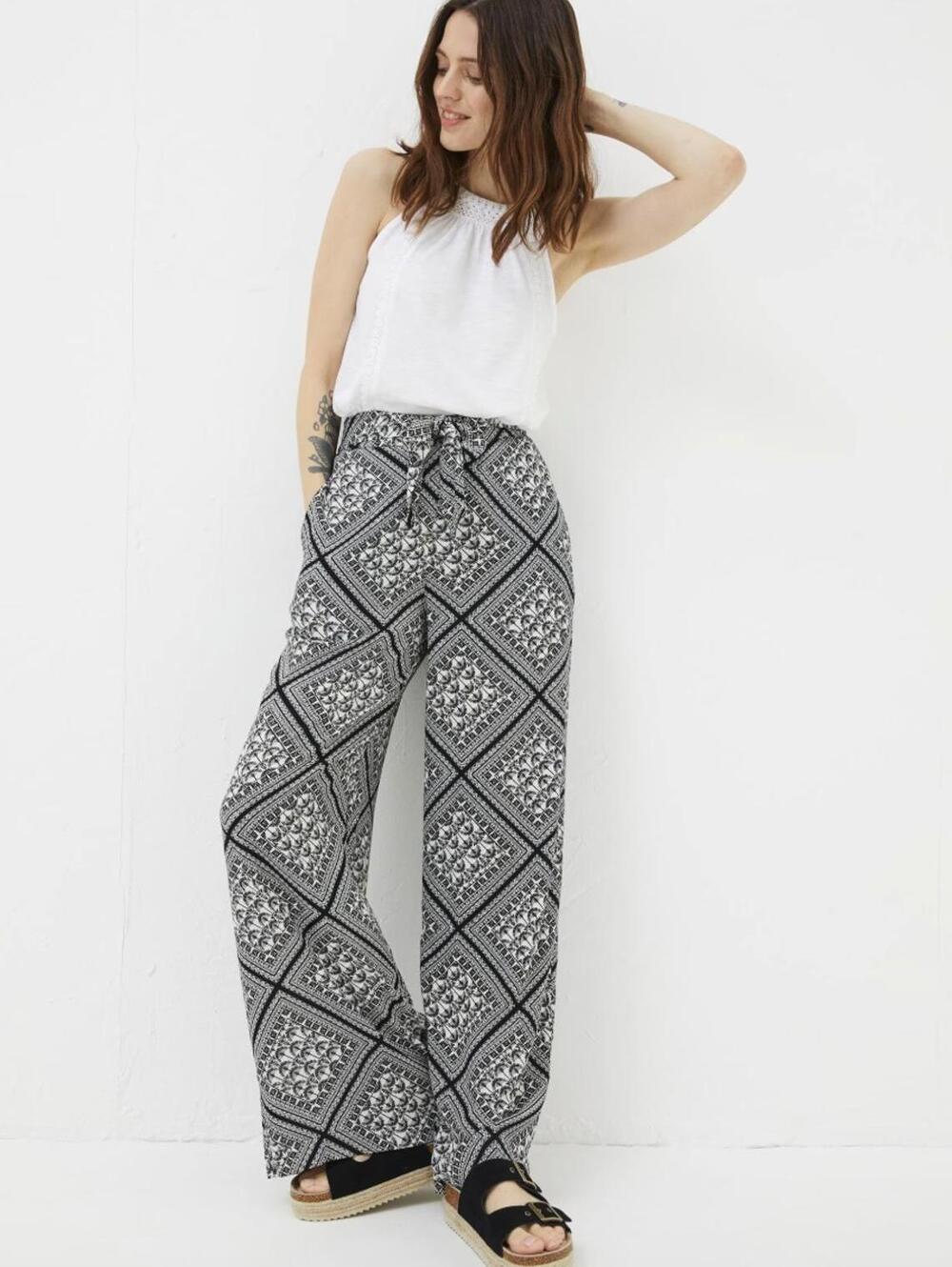 FatFace Faye Black Palace Scarf Wide Leg Trousers - Size - 4
